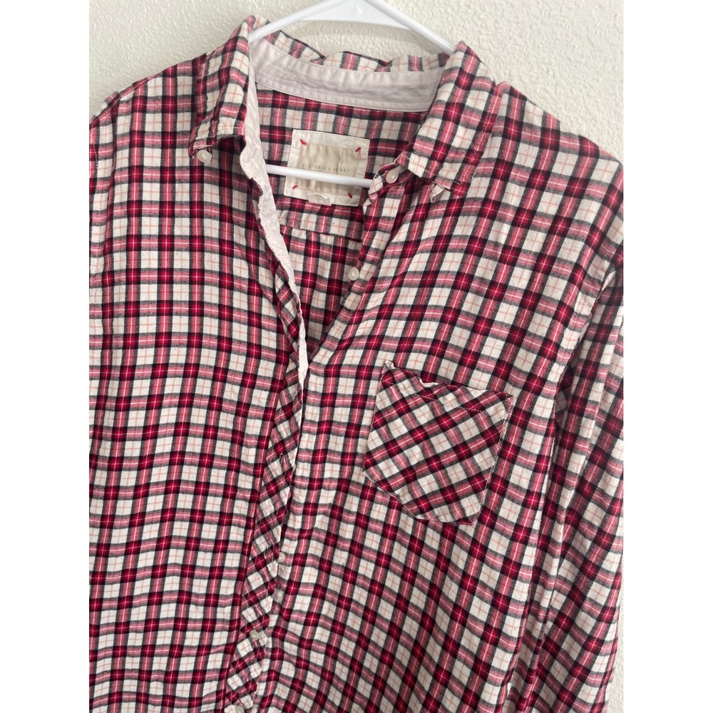 Victoria's Secret Plaid Button Down Women Large Red White Excellent Long Sleeve